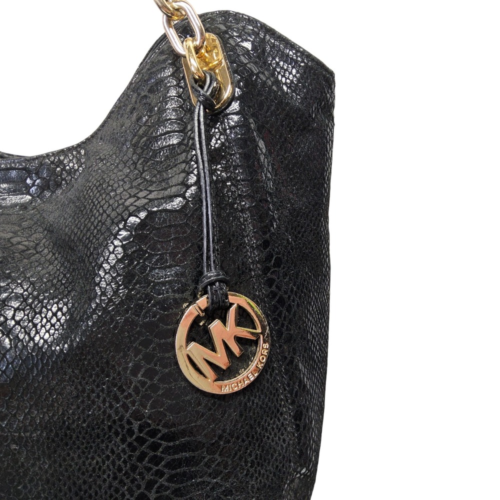 Michael Kors‎ Fulton Shoulder Bag Womens Large Black Snake Embossed Leather Gold